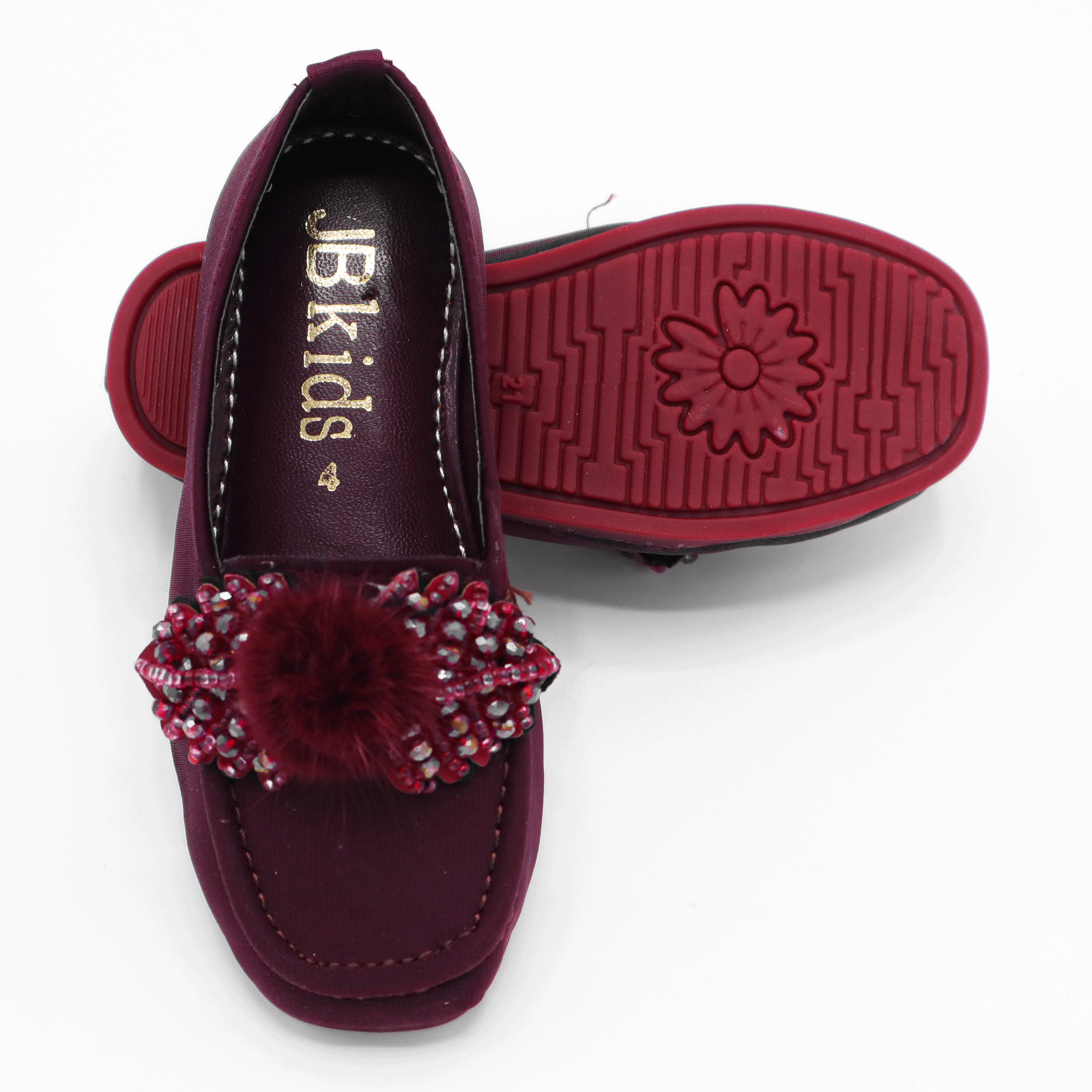 Girls Maroon Fancy Pumps with Fur Flower