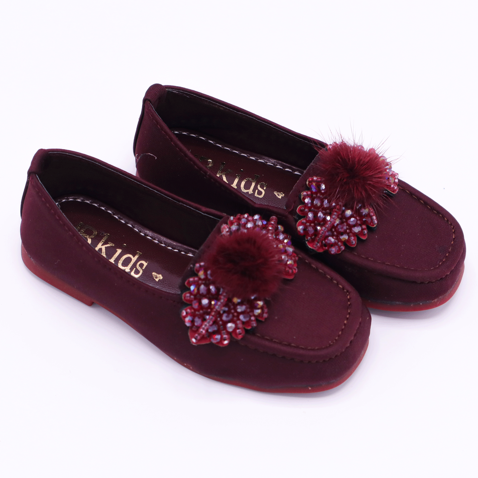 Girls Maroon Fancy Pumps with Fur Flower