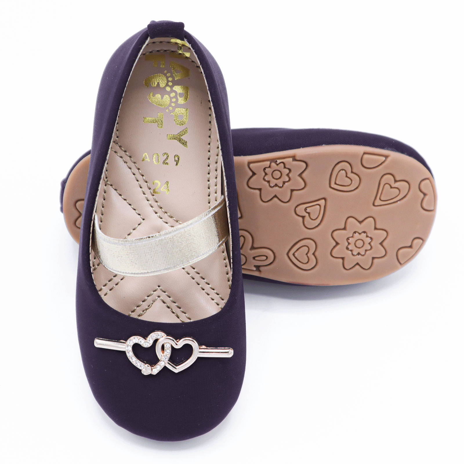 Girls Dark Purple Heart Strap Pumps