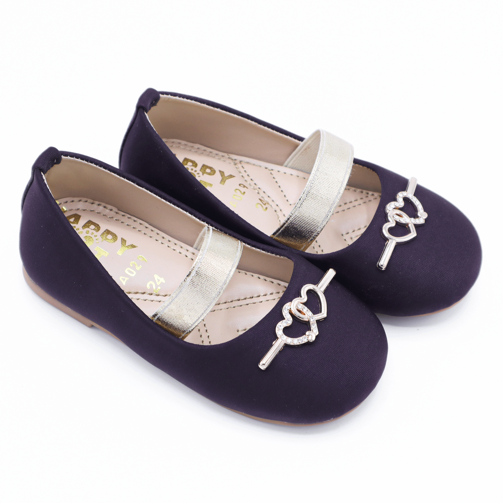 Girls Dark Purple Heart Strap Pumps