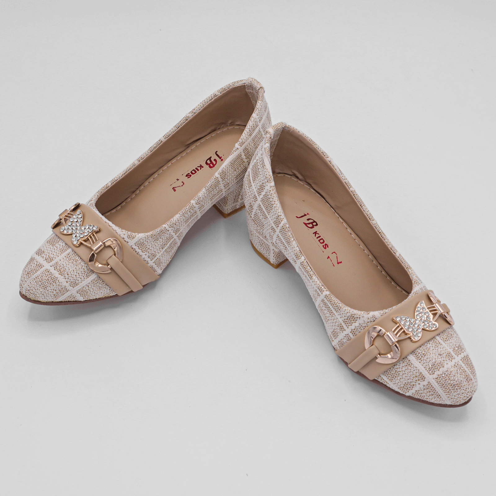 Girls Beige Block Heel Butterfly Pumps