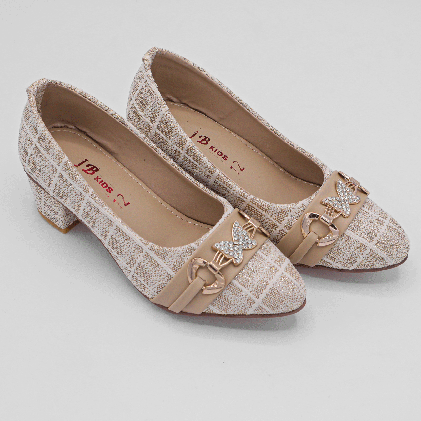 Girls Beige Block Heel Butterfly Pumps
