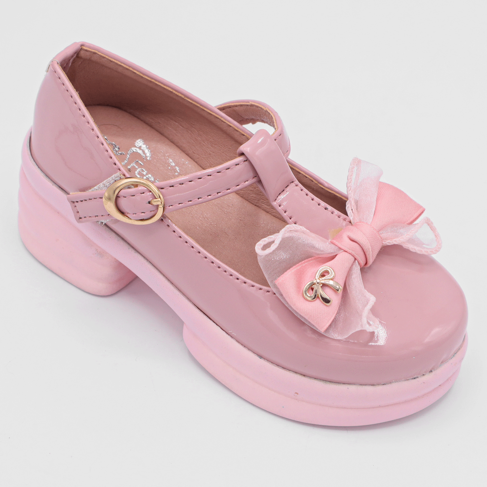 Girls Beige Block Heel Butterfly Pink