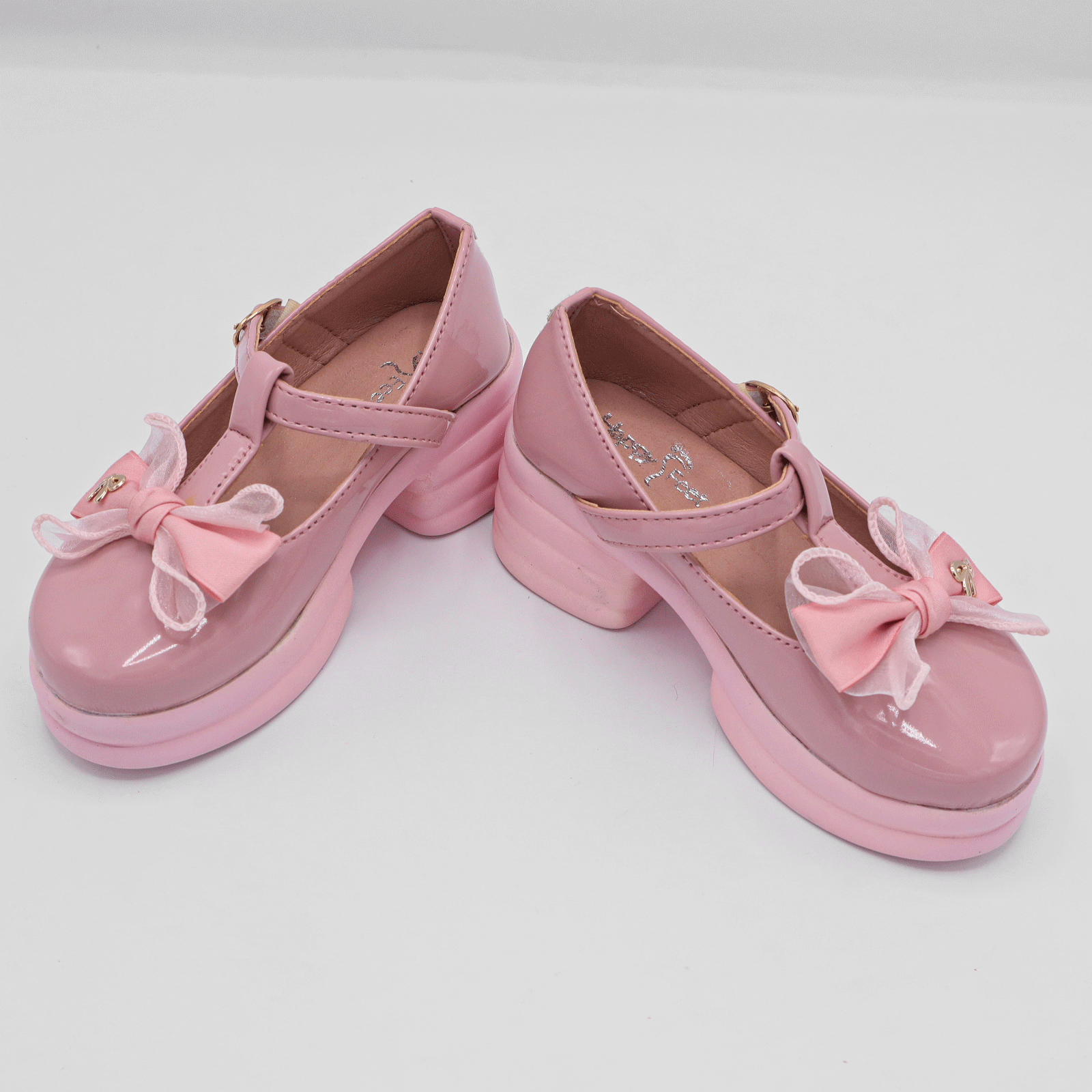 Girls Beige Block Heel Butterfly Pink