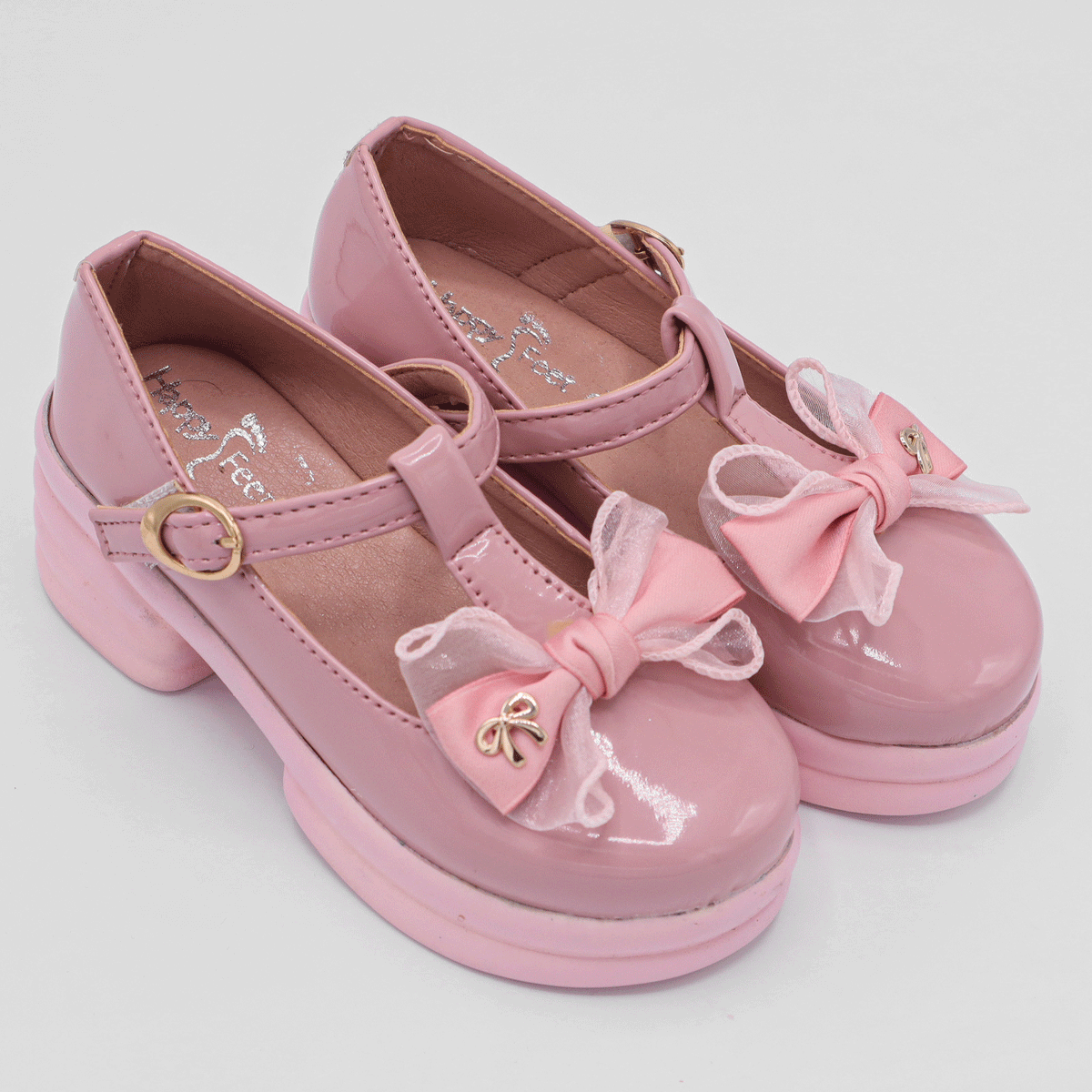 Girls Beige Block Heel Butterfly Pink