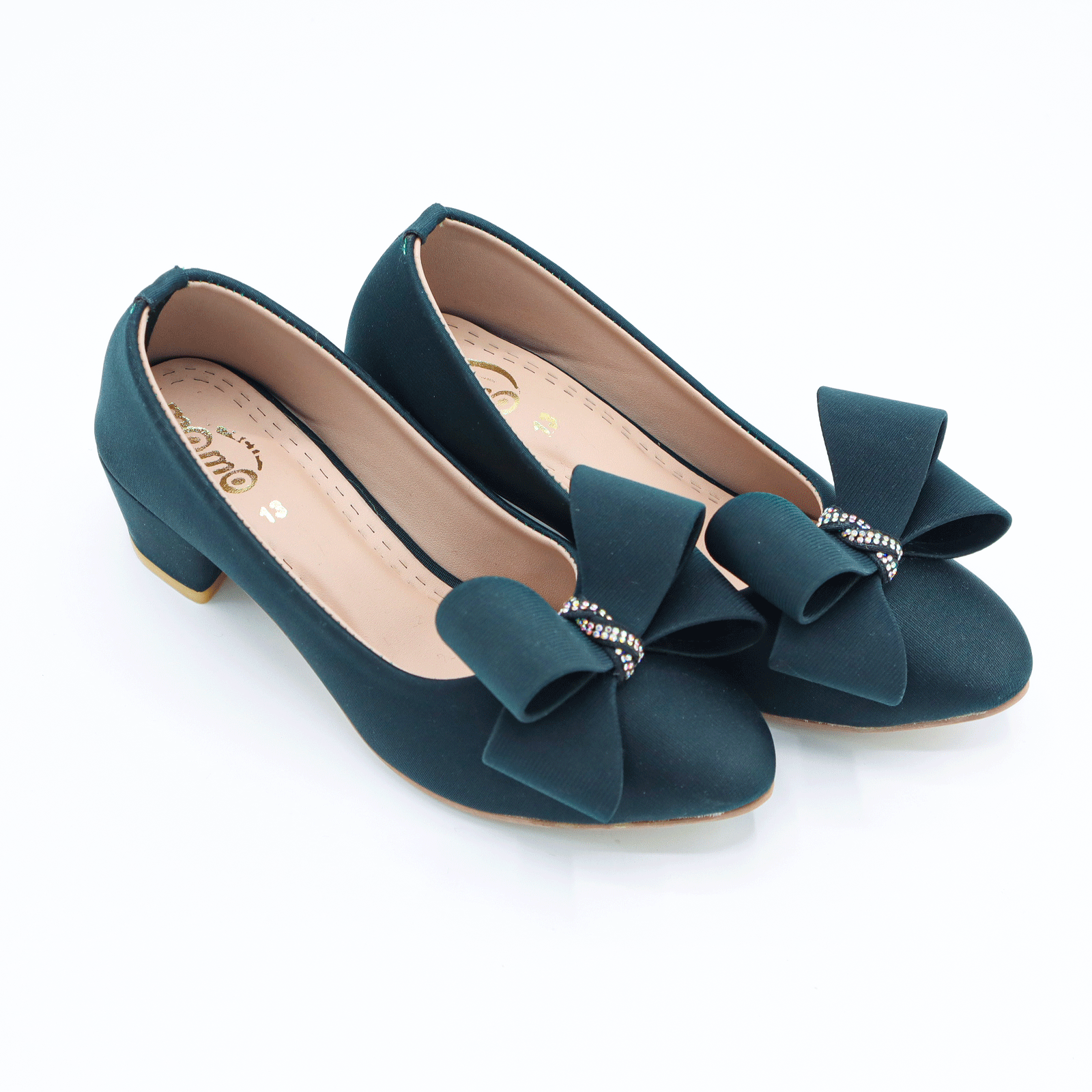 Girls Bow Block Heel Pump Deep Green
