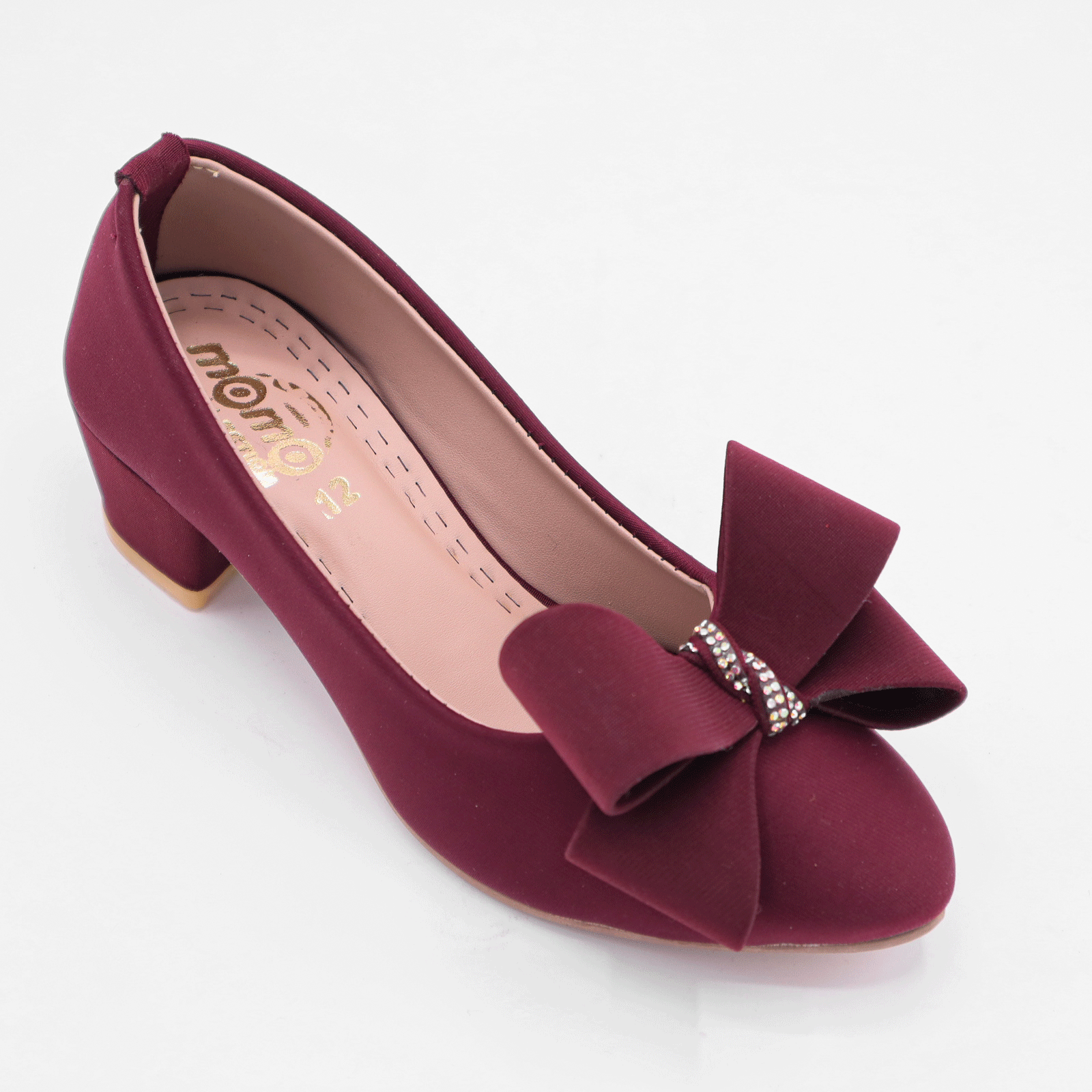 Girls Burgundy Bow Block Heel Pumps