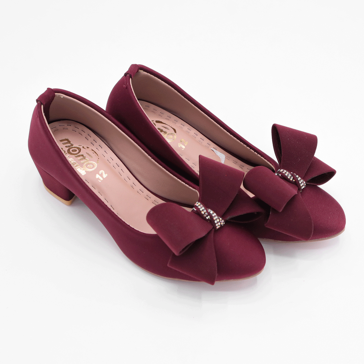 Girls Burgundy Bow Block Heel Pumps