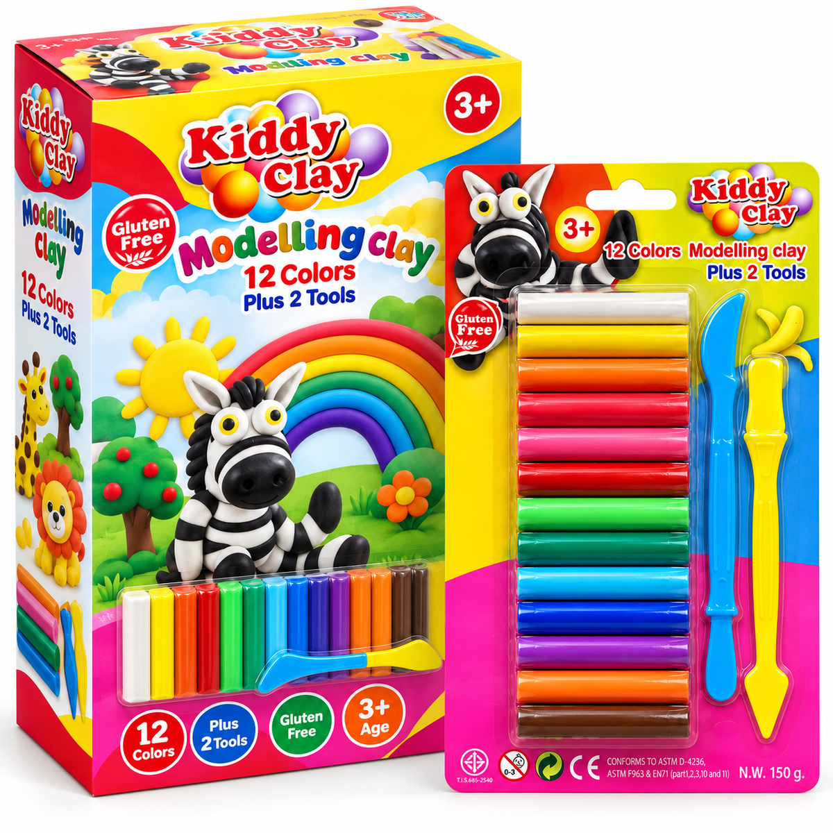 Kiddy Clay Modelling Clay Set  12 Colors  2 Tools