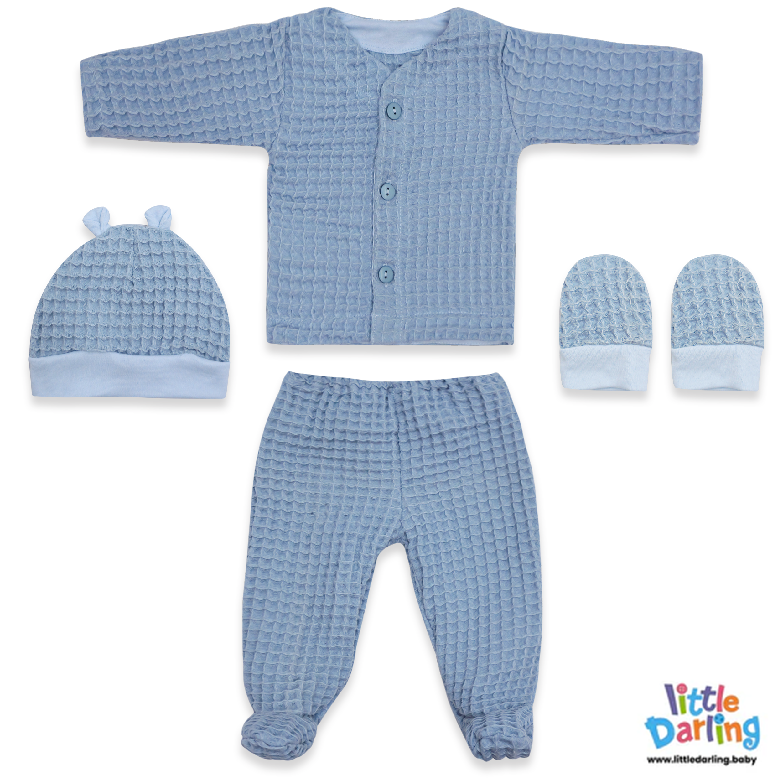 Baby Woolen Waffle Knit 4-Piece Giftset Blue by Little Darling