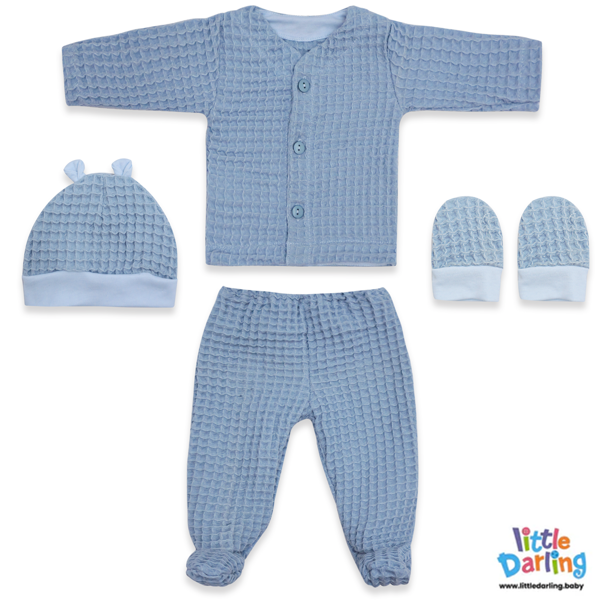 Baby Woolen Waffle Knit 4-Piece Giftset Blue | Little Darling Price in Pakistan