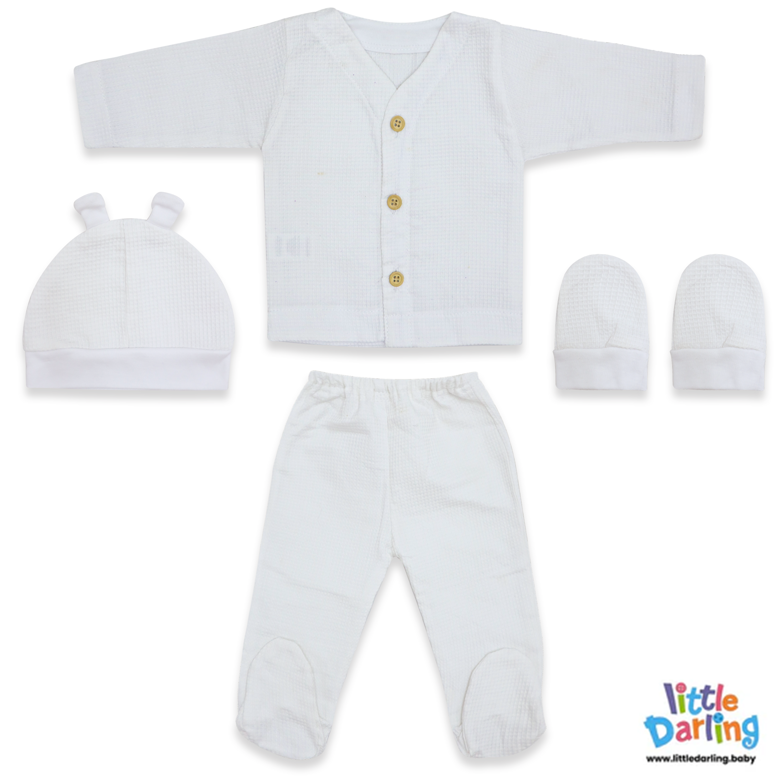 Baby Woolen Waffle Knit 4-Piece Giftset White by Little Darling