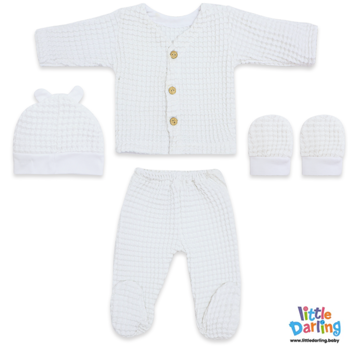 Baby Woolen Waffle Knit 4-Piece Giftset White | Little Darling Price in Pakistan