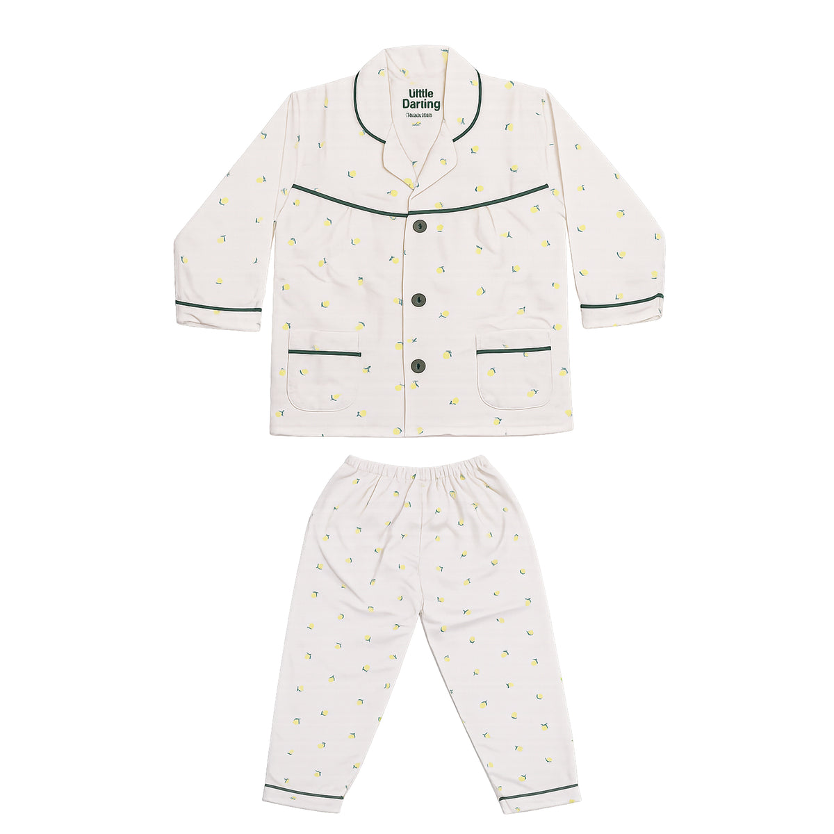 Kids Night Suit 2 Pcs Cream Lemon Print | Little Darling
