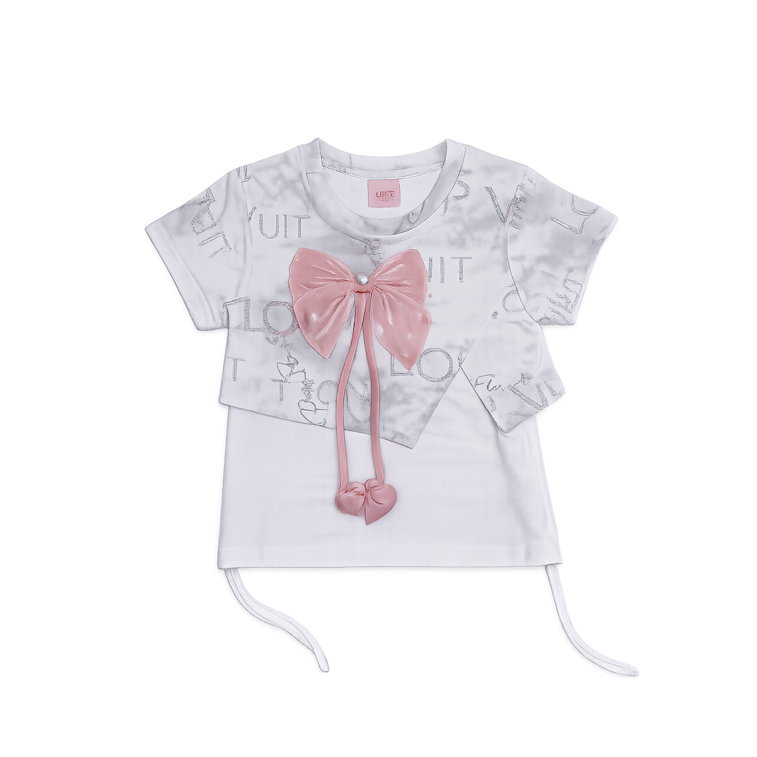 Girls White Bow Top & Printed Trouser Set