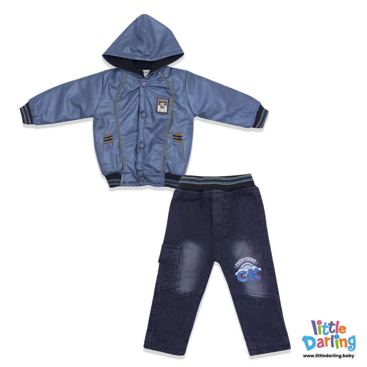 Baby Hooded Jacket & Denim Pant Set | Little Darling Price in Pakistan