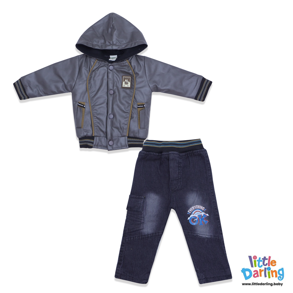 Baby Hooded Jacket & Denim Pant Set | Little Darling Price in Pakistan