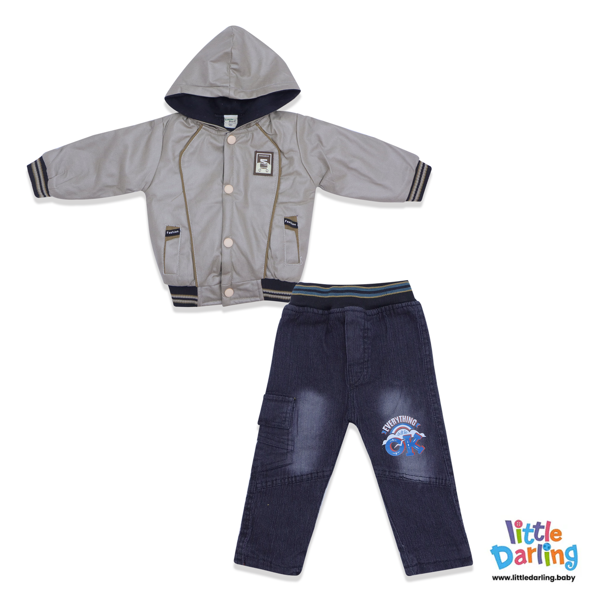Baby Hooded Jacket & Denim Pant Set | Little Darling Price in Pakistan
