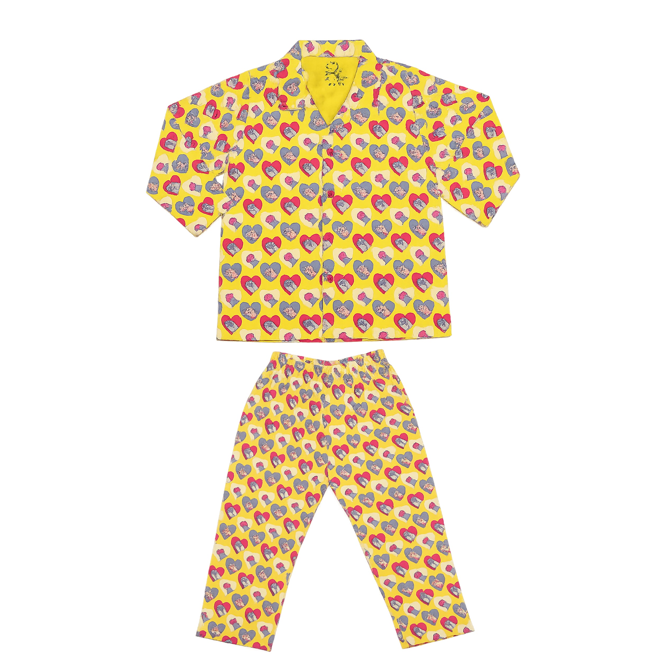 Girls Yellow Heart Print Night Suit Set