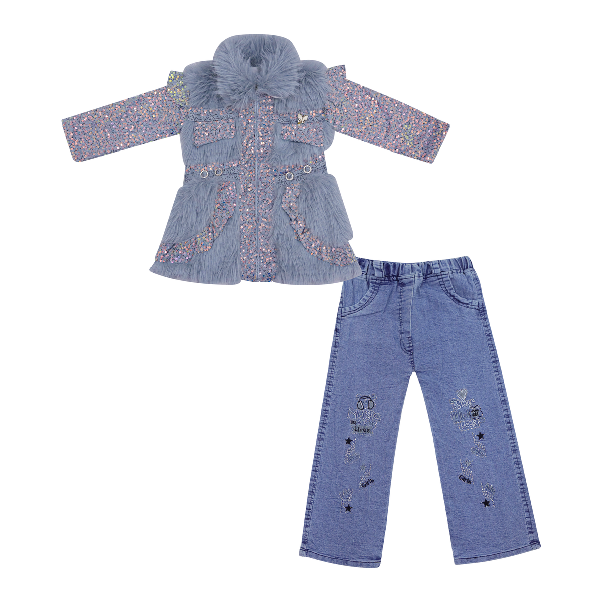 Girls Cozy Faux Fur Jacket & Denim Pants Set Price in Pakistan