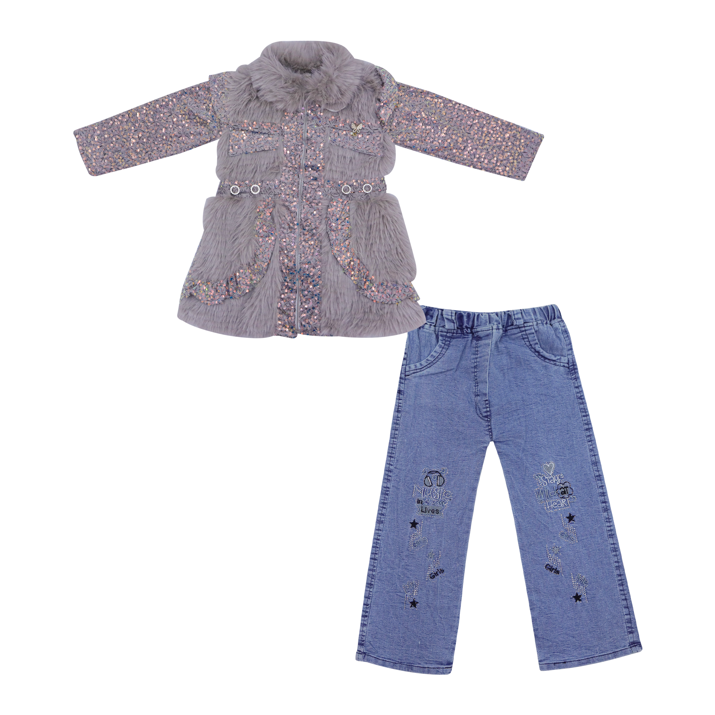 Girls Cozy Faux Fur Jacket & Denim Pants Set Grey