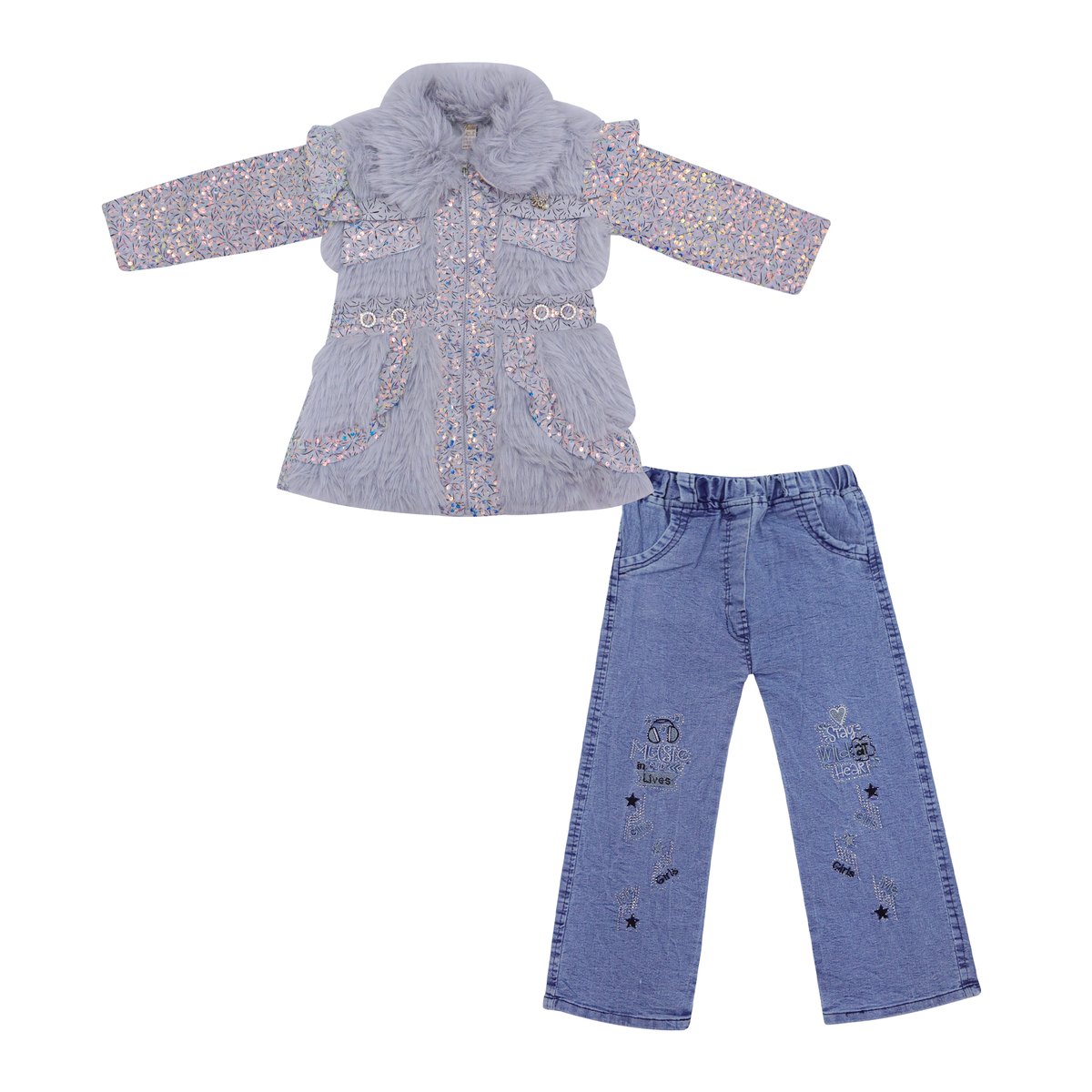 Girls Cozy Faux Fur Jacket & Denim Pants Set Price in Pakistan