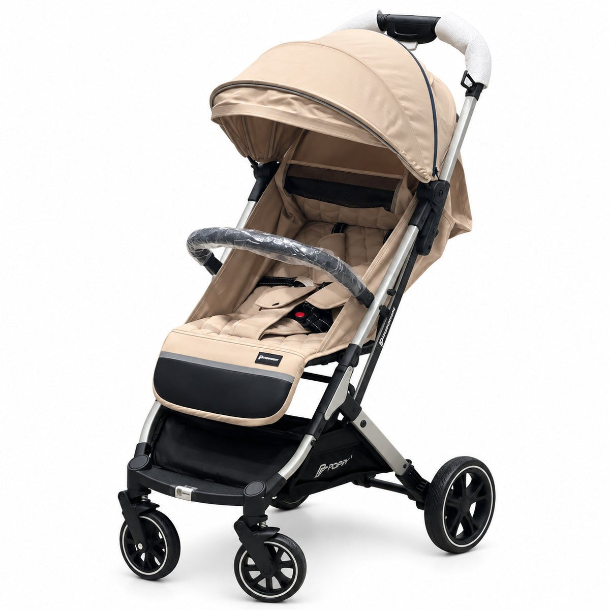 Beige Baby Stroller with Quilted Seat & Canopy