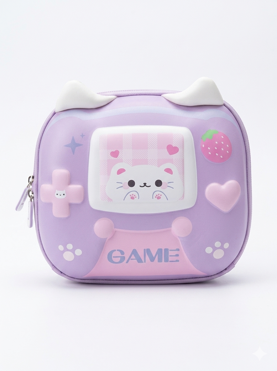 Cute Cat Game Console Cosmetic & Travel Pouch Purple