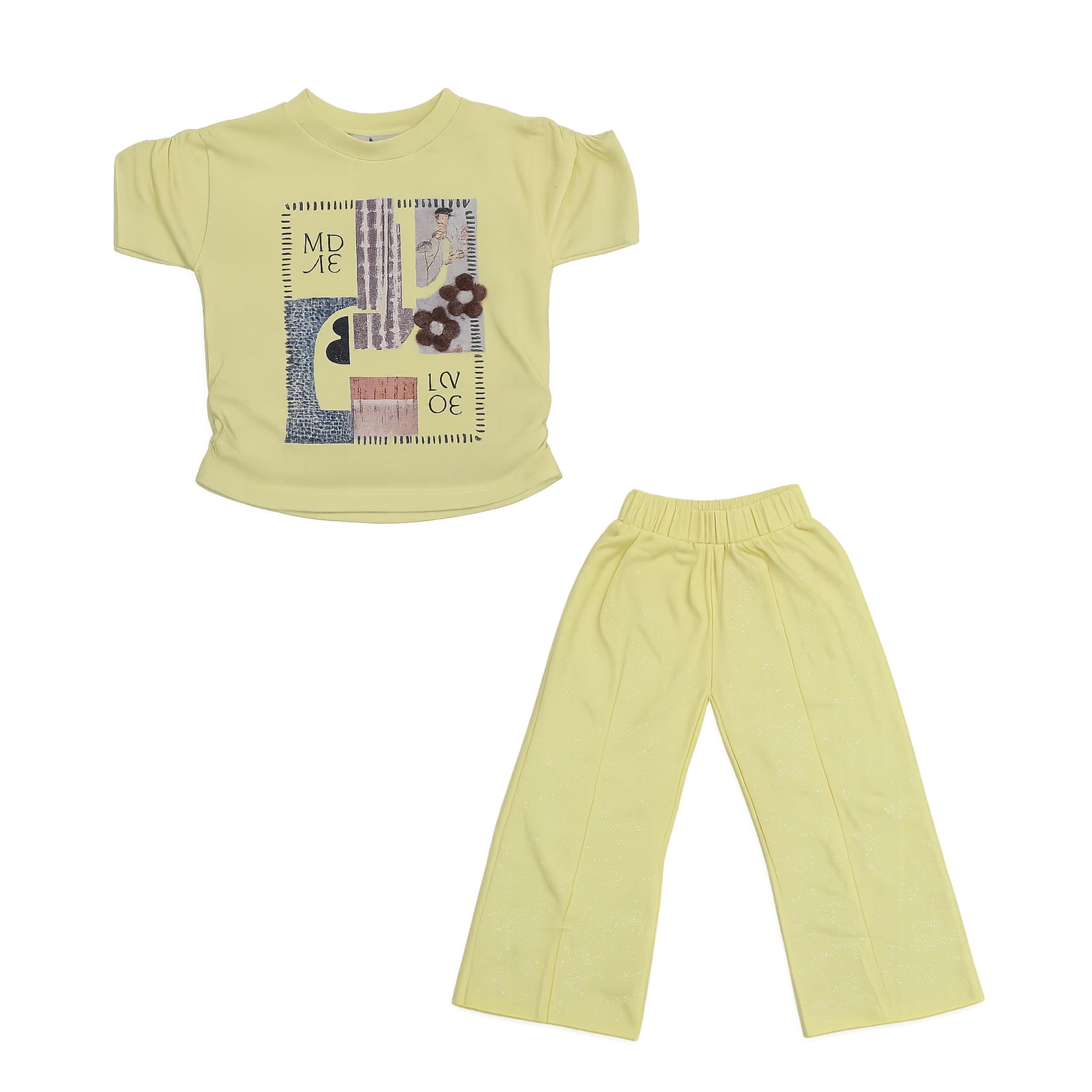 Girls Lemon Yellow Printed Top & Trouser Set