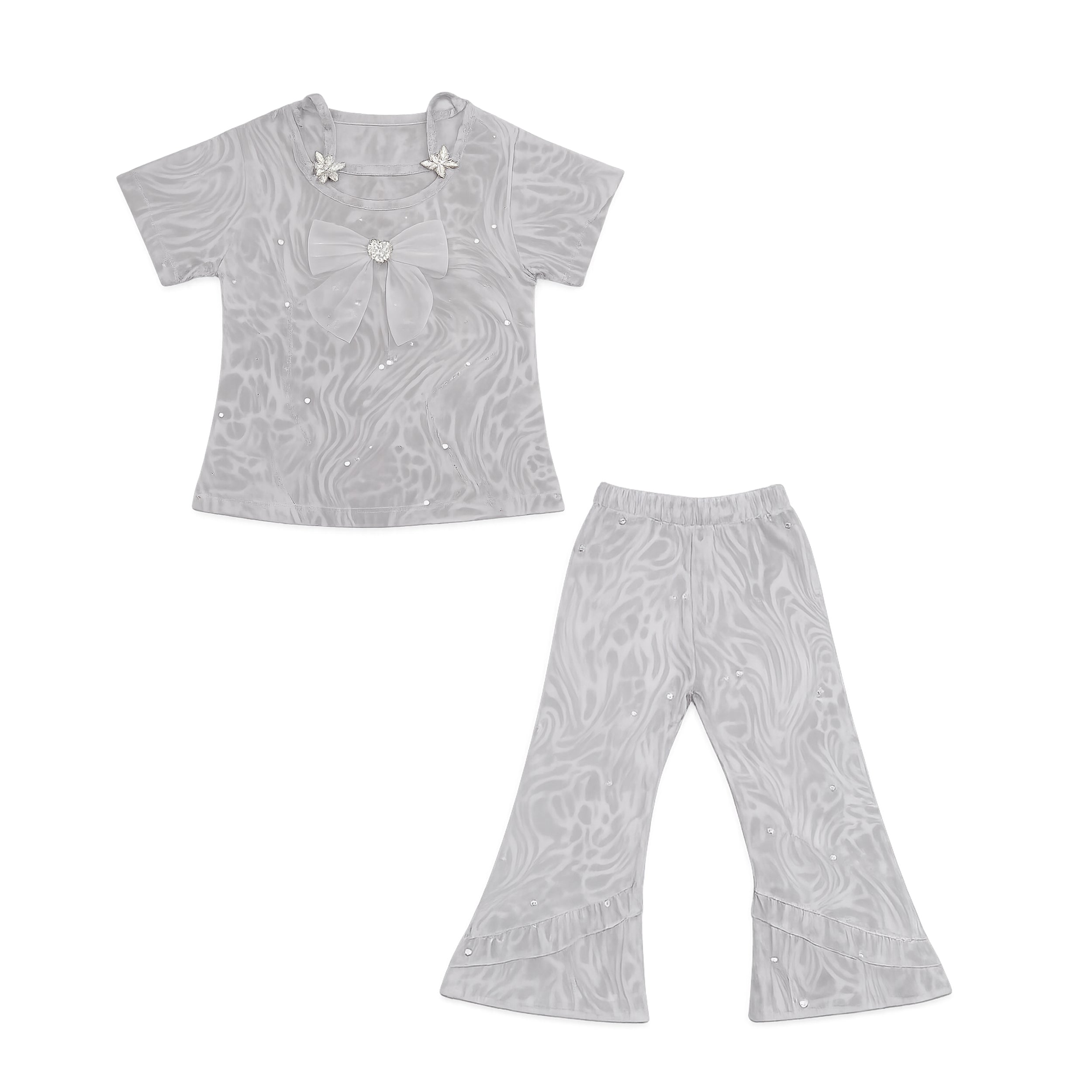 Girls Silver Bow Top & Flared Trouser Set