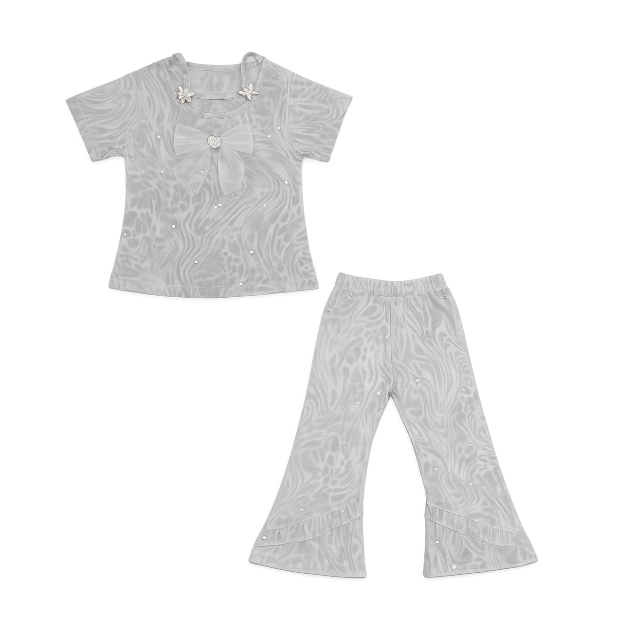 Girls Silver Bow Top & Flared Trouser Set