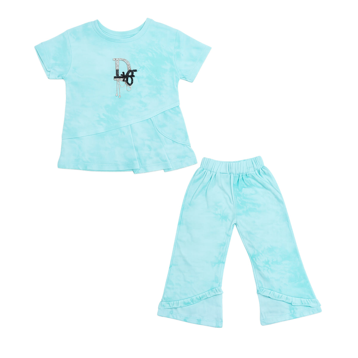 Girls Aqua Blue Logo Top & Flared Pants Set