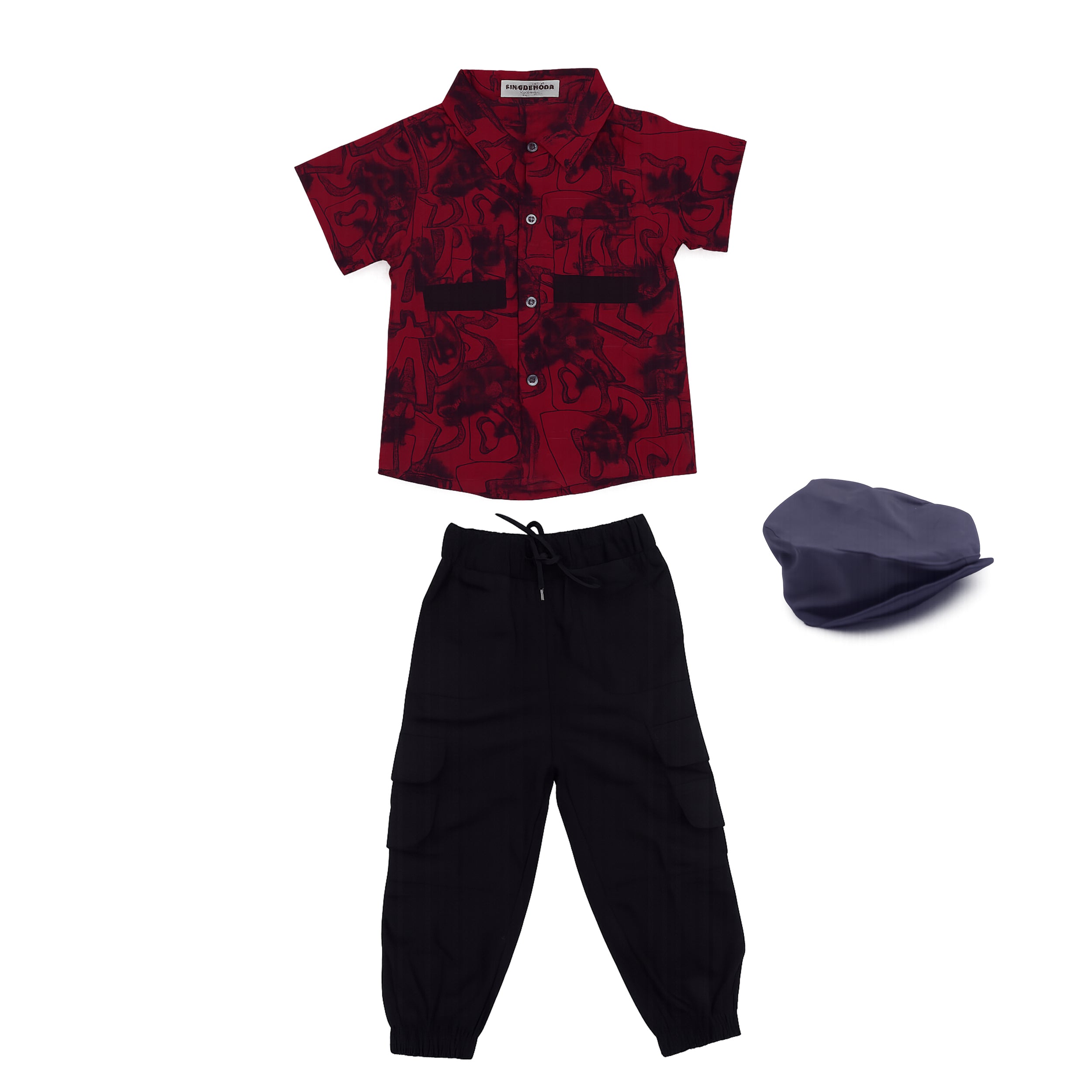 Boys Red Printed Shirt with Cargo Pants & Cap Set