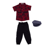 Boys Red Printed Shirt with Cargo Pants & Cap Set