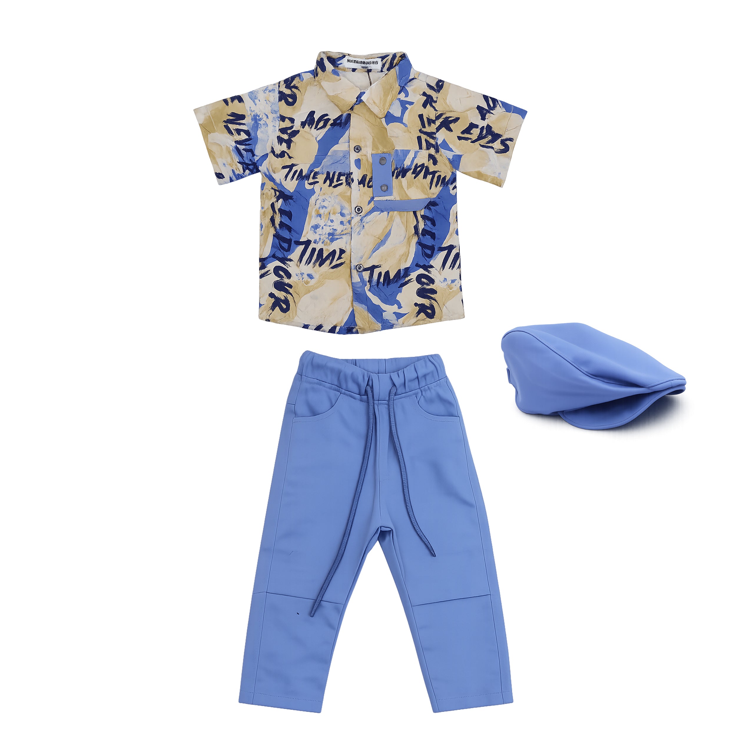Boys Printed Shirt with Blue Pants & Cap Set