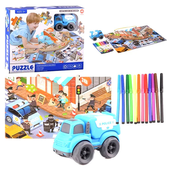 Kids Police Car Puzzle & Coloring Playset