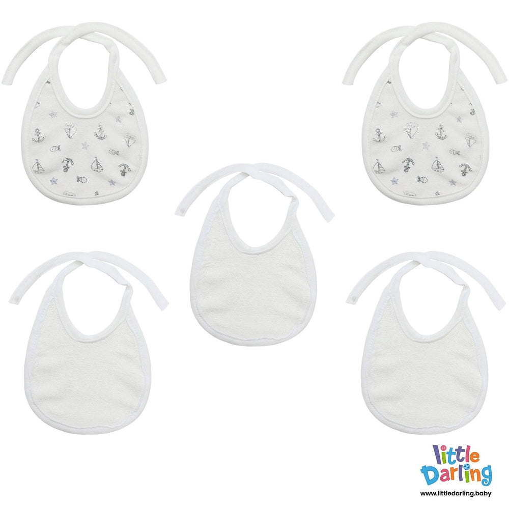 Anchor Boat & Fish Printed Pack of 5 Bibs White | Little Darling - Zubaidas Mothershop