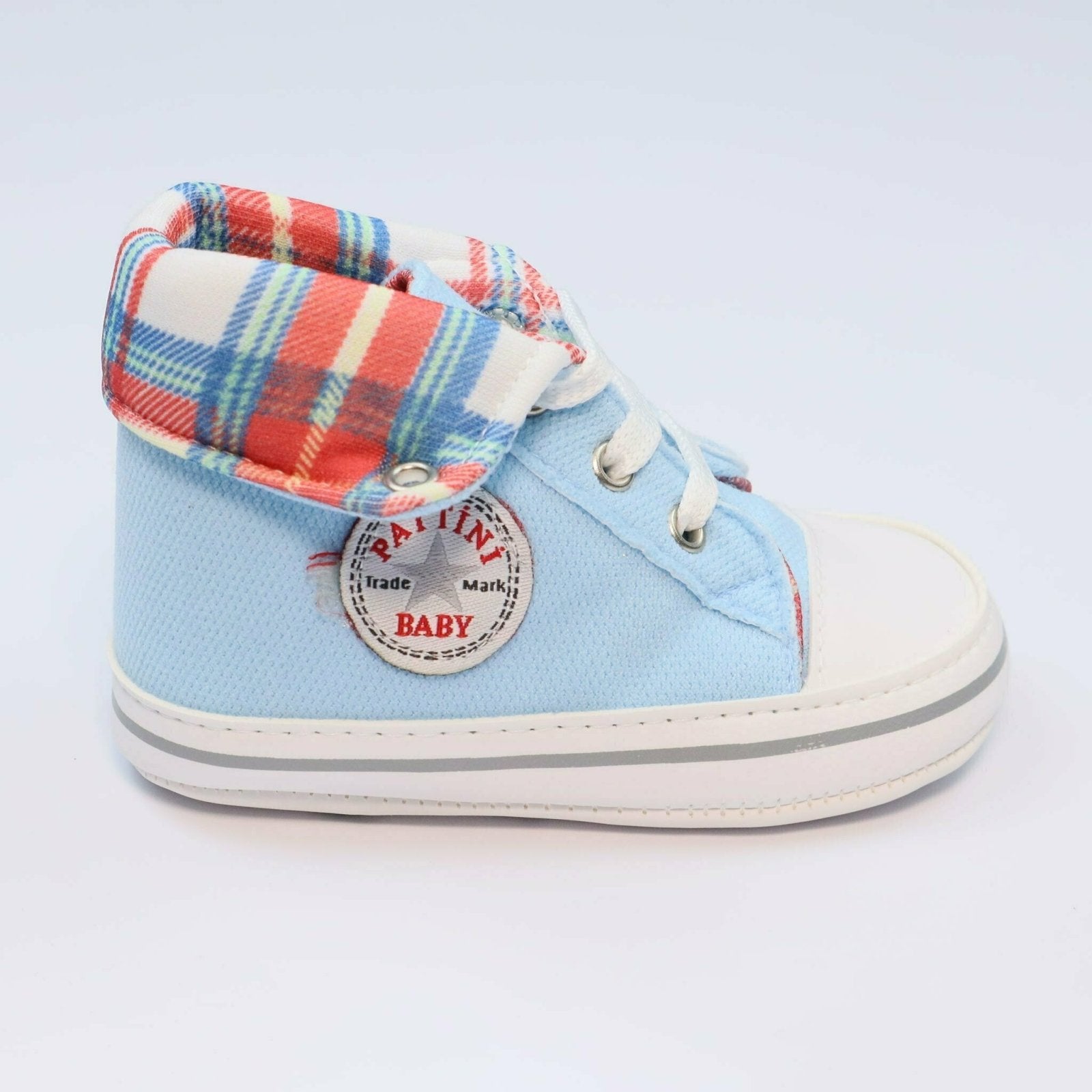 Baby Shoes Sky Blue Check Print by Baby Pattini