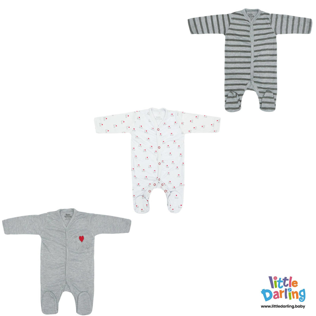 Baby Sleepsuits PK Of 3 I Love Dad | Little Darling - Zubaidas Mothershop