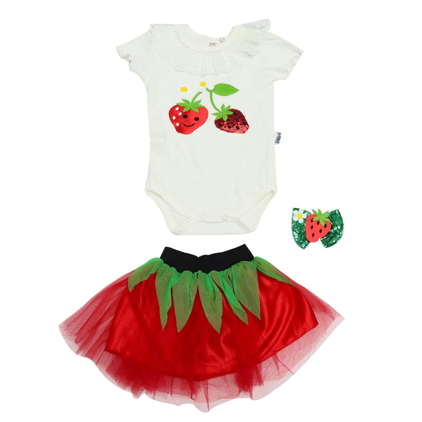 Fancy Girls Suit With Hairband Embossed Strawberry by Made In Turkey