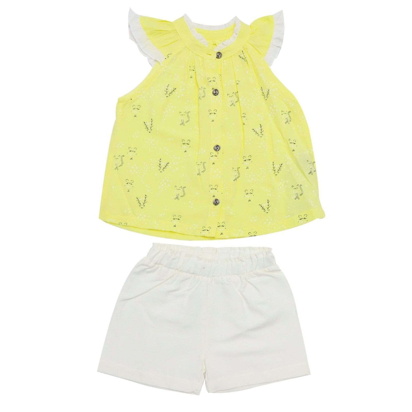 Girls Suit Tiny Cat Print Yellow Color | Made In Turkey - Zubaidas Mothershop