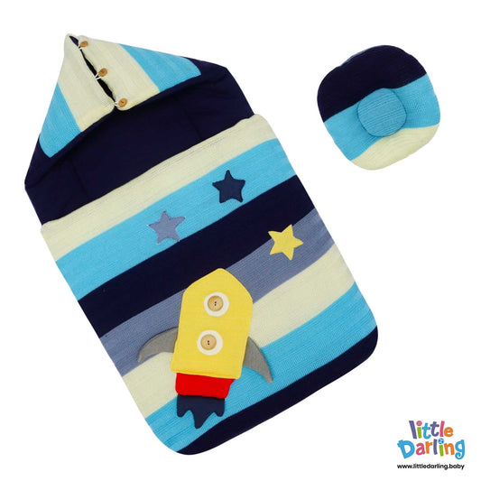 Hooded Baby Carry Nest With Pillow Embossed Rocket | Little Darling - Zubaidas Mothershop
