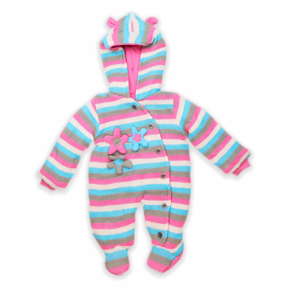 Woolen Romper Pink Strips Embossed Stars | Little Darling - Zubaidas Mothershop